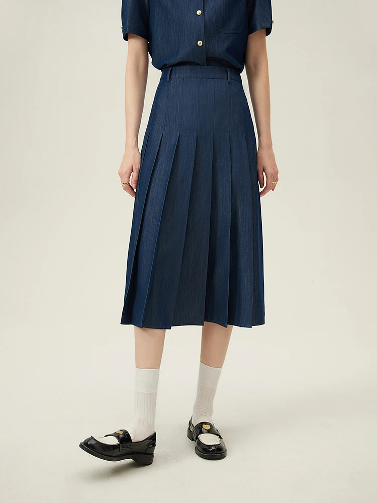 FSLE 2025 New Arrival Women Zipper Waist Office Lady Elegant Grey Skirt Pleated Design Navy Blue Color Long Skirt Daily Outfits