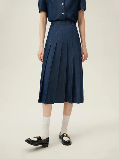 FSLE 2025 New Arrival Women Zipper Waist Office Lady Elegant Grey Skirt Pleated Design Navy Blue Color Long Skirt Daily Outfits