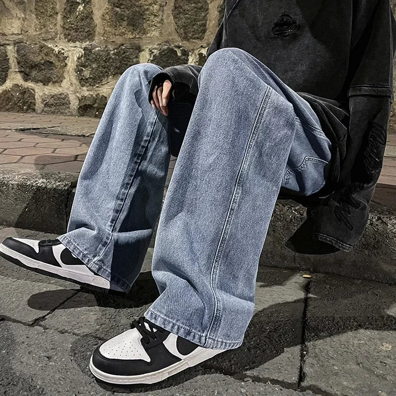 2024 New Men's Jeans Korean Casual Pants High Street Straight Student Loose Wide Black Grey Blue Baggy Denim Pants.