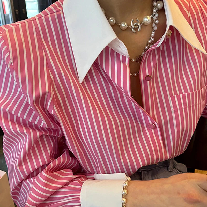 Jmprs Elegant Women Shirts Korean Striped Red Fashion Turn Down Collar Office Ladies Tops Long Sleeve Causal Female Blouse.