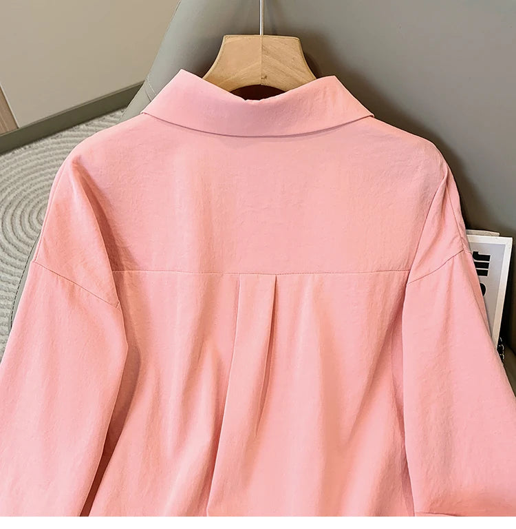 Plus Size Women's Blouses 2025 Spring Autumn Simple Lady Shirts Long Sleeve Big Pockets Shirt Loose Casual Tops