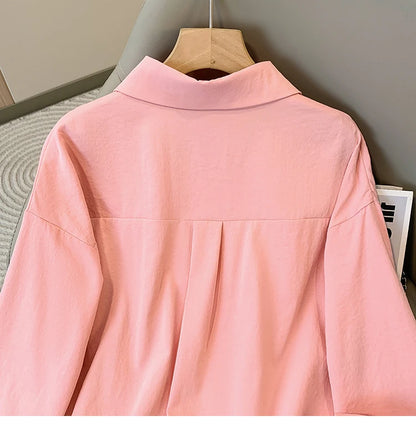 Plus Size Women's Blouses 2025 Spring Autumn Simple Lady Shirts Long Sleeve Big Pockets Shirt Loose Casual Tops