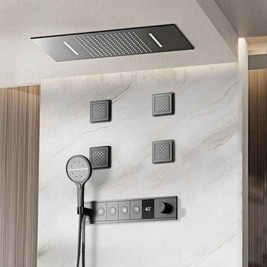 Deckenmontiertes thermostatisches LED-Digitalanzeige-Duschsystem. Eingebetteter Badmischer aus Messing im Wasserfallstil für heißes und kaltes Wasser