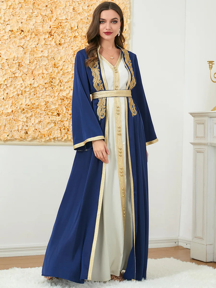 Maßgeschneiderte muslimische Sets, elegante muslimische Frauen, Sommer, langärmelig, V-Ausschnitt, Polyester, lila, 2-teiliges Kleid, Mantel, passende Sets, Muslim