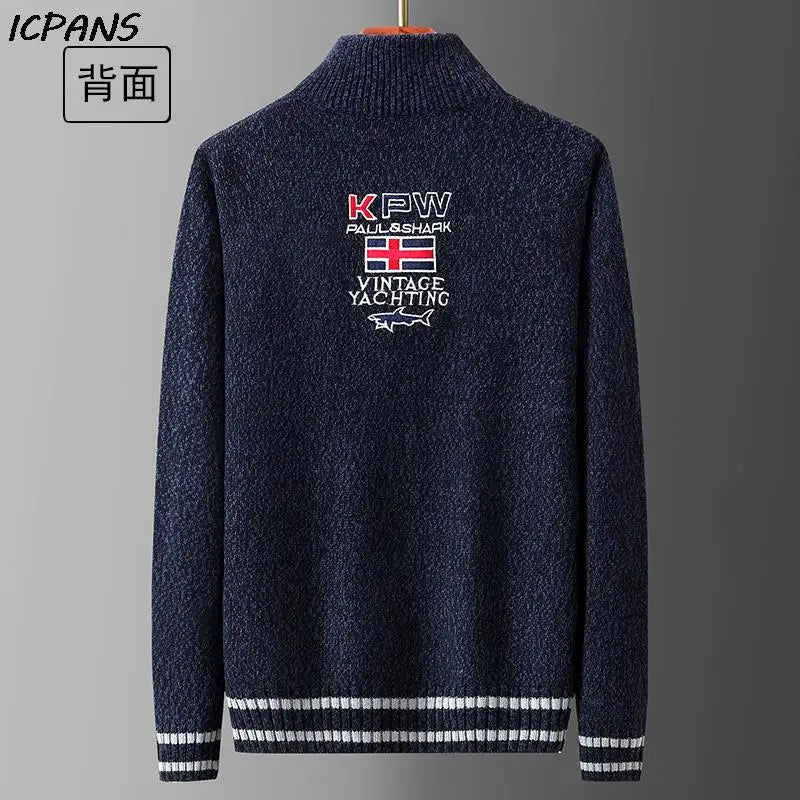 Autumn Sweater Male Shark Clothing Cotton Wool Jumpers Pullover Coats Jacquard Christmas Knitted Half Turtleneck zip.