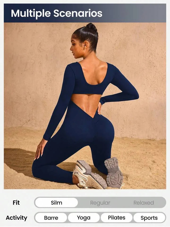 Long sleeve trousers jumpsuits, back cut design, beautiful hip line, clothing suitable for sports and exercise.