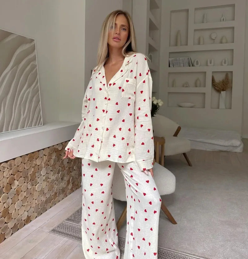 2-Piece Muslin Pajamas Set for Women 100% Cotton Love Printed Comfortable Long-Sleeved Tops Pajamas Home Wear Sleep Autumn Cloth