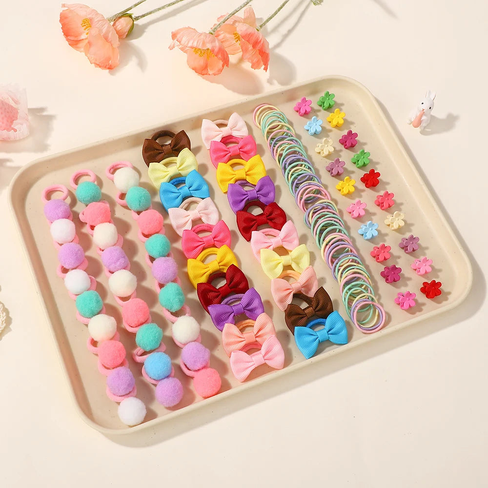 120PCS Hair Accessories Set For Girls Colorful Bowknot Hair Band Children Ponytail Holder Hair Ties Kids Elastic Rubber Bands.