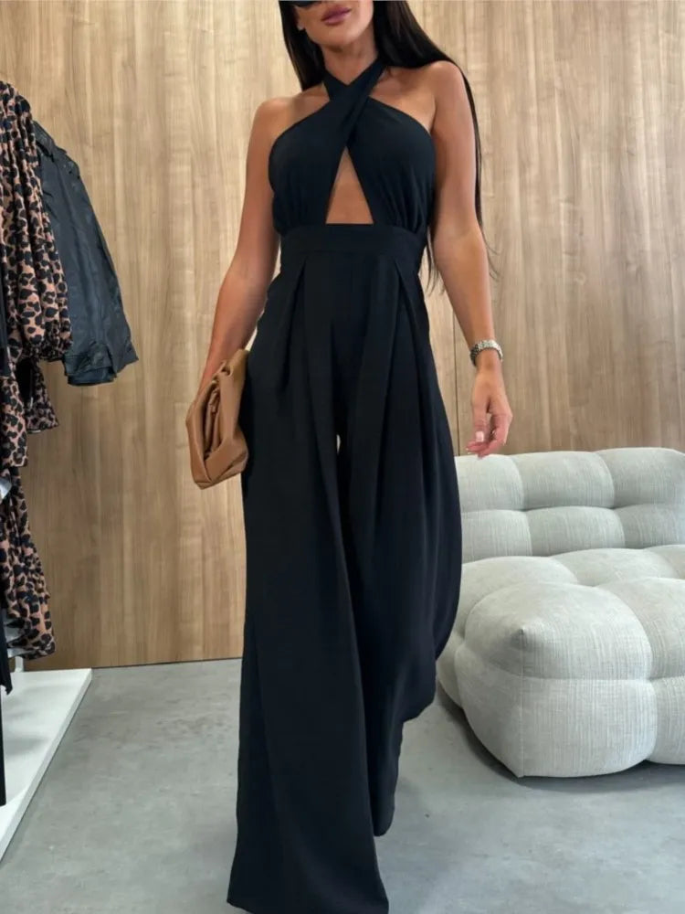 Sexy Backless Halter Neck Sleeveless Bandage Jumpsuit Summer Women Fashion Red Black Hollow Out Wide Leg Jumpsuits Streetwear.