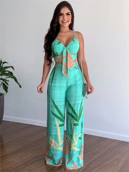 Elegant Two Piece Outfits For Women 2025 Sexy V-Neck Strap Backless Lace-up Slim Crop Top & Wide Leg Pants Sets Summer Lady Suit.