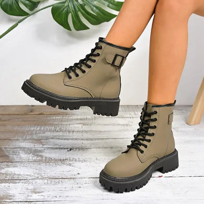 Chunky Platform Thick Heel Pink Ankle Boots Women 2025 Winter Punk Thick Bottom Lace Up Motorcycle Boots Metal Buckle Booties