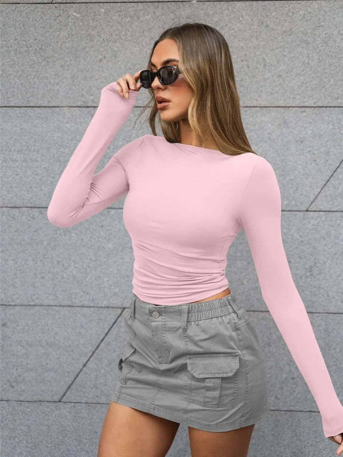 Summer Spring Slim-fitting Women's Clothing New One-neck Long-sleeved T-shirt Blouse Top Skinny Solid Color Tee