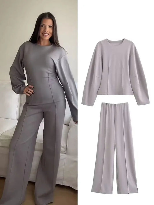 HH Women's 2-Piece Set Fashion Slimming Double-Sided Fabric Round Neck Long-Sleeve Top+Elegant Stretch Casual Wide Leg Pants.