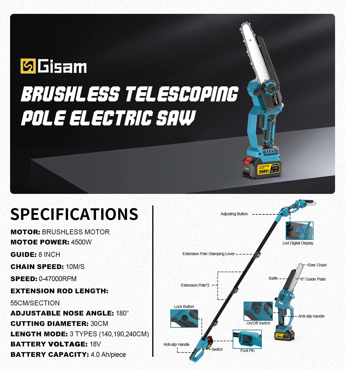 GΣ Bürstenlose Teleskopstange, elektrische Kettensäge, kabellose Hochverschraubungssäge, 2-in-1-Gartenschere für Makita 18 V Akku-Stift
