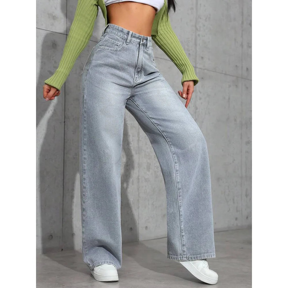 Denim Wide Leg Pants Women Jeans High Waist Straight Trousers Distressed Washed Pockets 2025 Loose Floor Length Streetwear.
