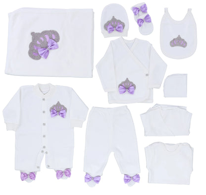 10-teiliges blaues 100 % Baumwollgewebe, gestrickt, Großhandel, individuell gestaltet, Neugeborene, neues Design, Winterkleidung, Kleidung, Luxus-Baby-Strampler-Set.