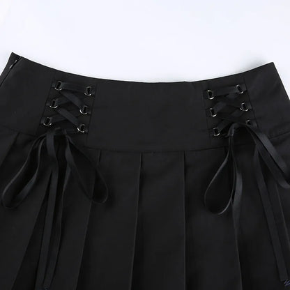 Girl Retro Pleated Skirt Lace Up High Waist Plaid Mesh Stitching Hem Y2K Aesthetic Gothic Black Mini Skirts Bodycon.