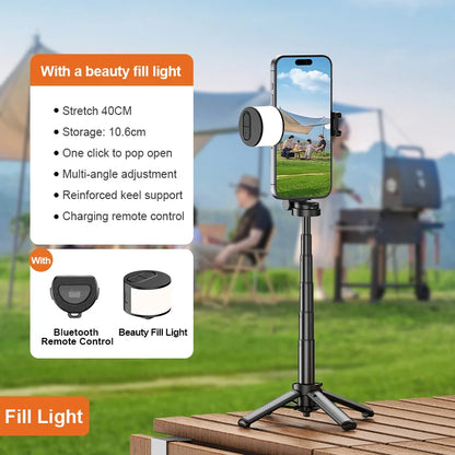 Magnetic Phone Holder 360° Rotation Pocket Selfie Stick With Bluetooth Remote Adjustable Desktop Stand for Live Streaming.