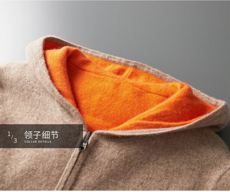 Autumn Winter Pure Cashmere Sweater Double-sided Cardigan Men's Casual Zipper Thickened Cashmere Knitted Hooded Sweater Coat.