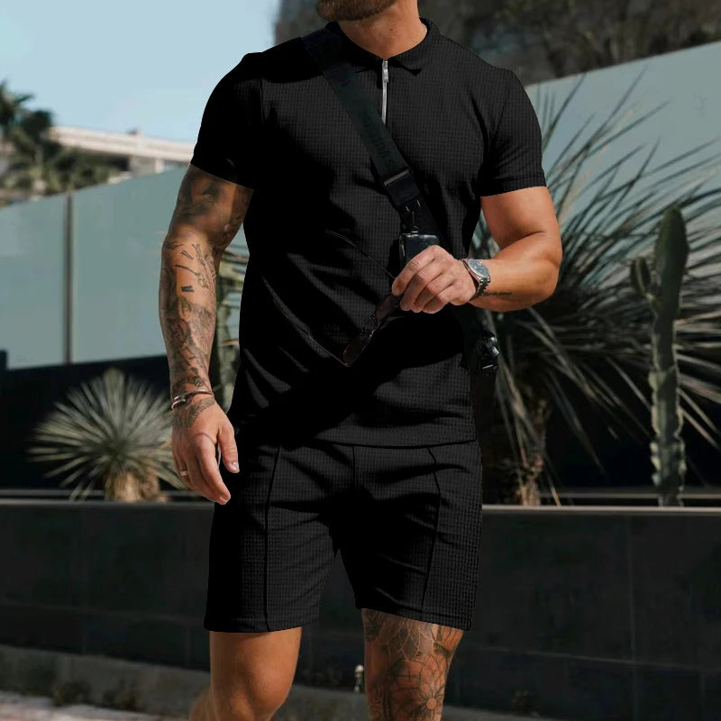 Men's Comfortable Short-Sleeved Waffle Polo Shirt And Shorts Set - Breathable Lightweight Spring/Summer Clothing