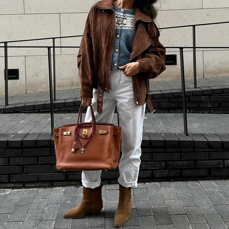 Retro-Jacke, modisch, Frühling und Herbst, lässig, lockere Tasche, langärmelig, trendig, cool, vielseitig, hochwertige Damen-Kurzjacke