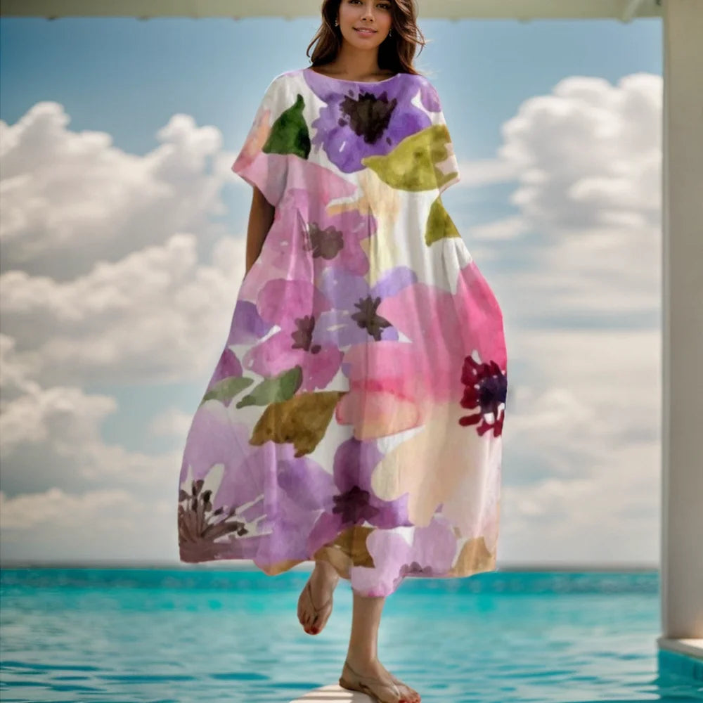 Kleid für Frauen Sommer neue Kurzarm Blumen druck O-Ausschnitt großen Saum lose Mode elegant lässig pendeln weibliche A-Linie Kleid.