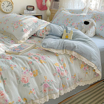 2025 new small fresh printing French lace lace double four-piece set bedding wrinkled yarn student three-piece set