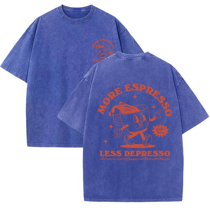 More Espresso Less Depresso Letter Cup Drink Print Washed Womens Tee Shirt Cotton T-Shirts New Breathable Clothes All-Match  Top.