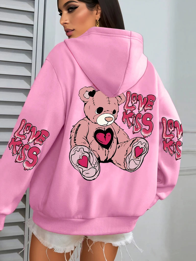 Rosa Liebe Kuss Kunst Brief Drucke Hoodies Frauen Tasche Herbst Hoody Fleece Mehrfarbige Streetwear Unisex Hip Hop Y2K Kleidung