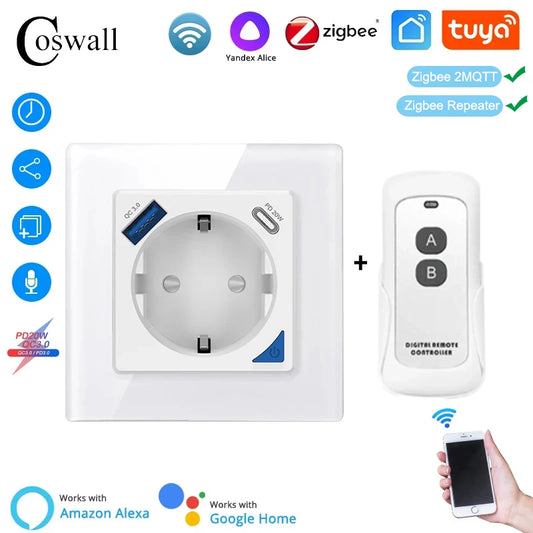 Alice Zigbee Tuya Smart EU-Wandsteckdose mit PD 20 W Typ C und einem Dual-USB-Schnellladegerät mit Power-Überwachungs-Glasplattenpanel.