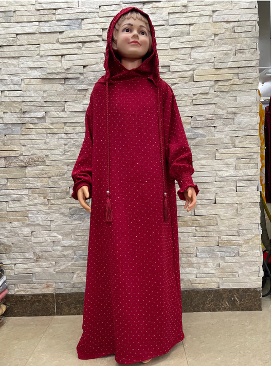 Kids Cotton Islamic Dress Full Cover Robe for Muslim Girls with Two-Hat Turkey Diamond Abaya New Eid Ramadan Prayer Garment.
