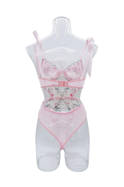 Sexy Pink Floral Embroidery Lingerie Bodysuit Hollow Out Strap Bow Tie Underwear Playsuit Backless Patchwork Mesh Erotic Romper.