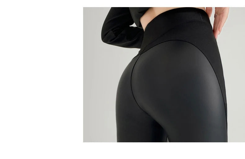 BIVIGAOS Herbst Neue Enge Stretch Leder Hosen Frauen Sharkskin Hohe Taille Spleißen PU Leder Fleece Sexy Leggings Winter Warm.