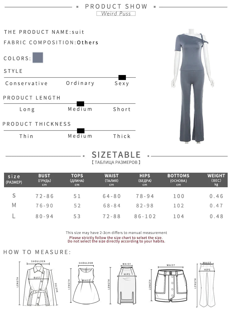 Weird Puss Irregular Knot Women 2 Piece Sets Stretch Casual Short Sleeve Tank Tops+Flare Pants Matching Outfits Slim Streetwear.