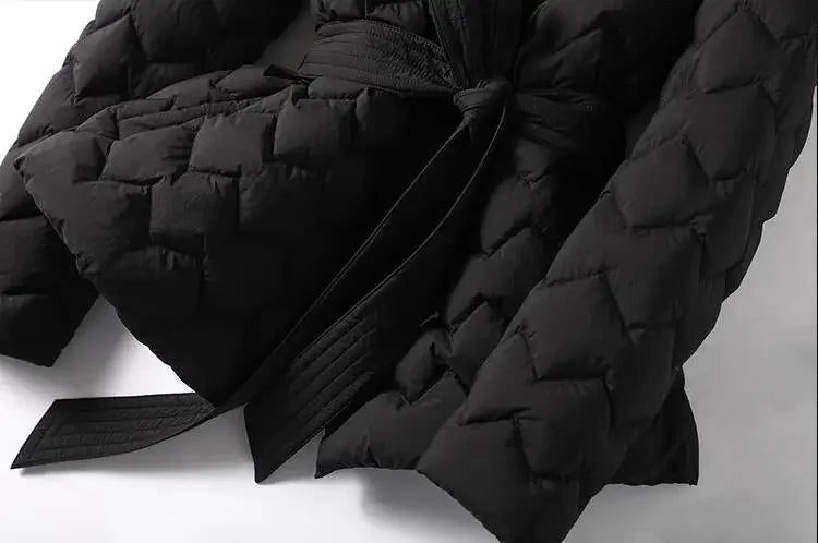 Leichte Daunen jacke mit Gürtel Frauen eleganter Krawatten gürtel lange Baumwolle weiße Ente Daunen Parka weibliche Damen Jacken Winter neu 2024