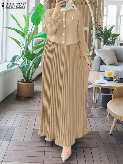 2025 ZANZEA Autumn Maxi Long Dress Women Elegant Long Sleeve Solid Pleated Sundress Patchwork Dresses Muslim Abaya Robe Femme.