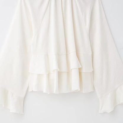 Women's Long Sleeve Ruffled Blouse Stand Collar Chic Fashion Top Elegant Female Shirt.