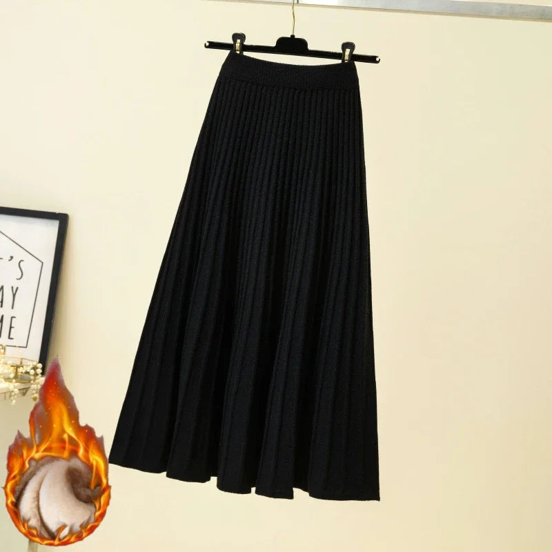 2025 Brand Designer Women Autumn Winter Thick Elegant Chic Solid Pleated Skirt High Waist Luxury Fashion With Elastic Female.