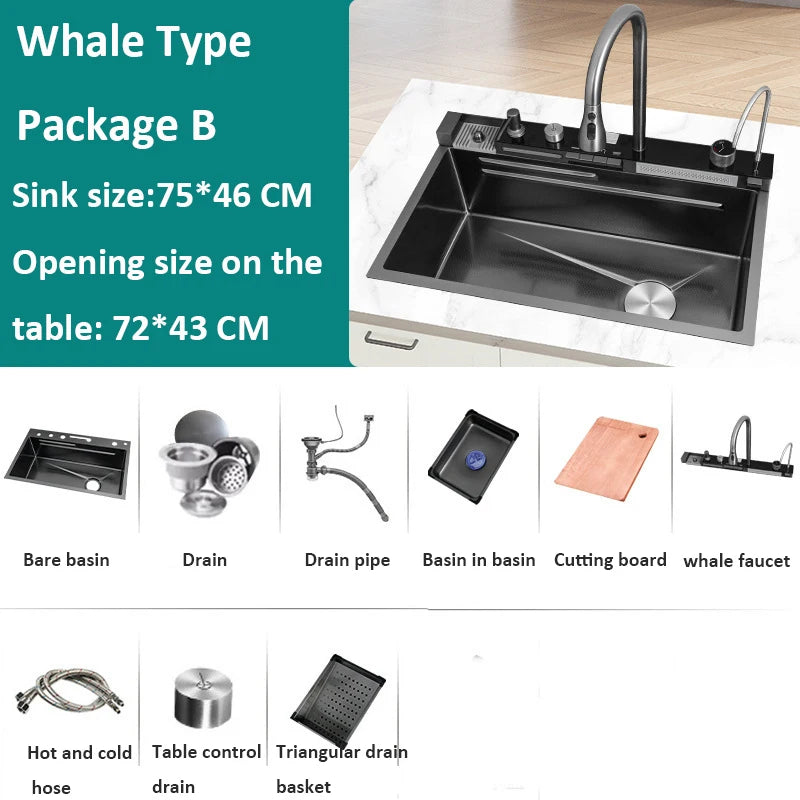 68x46cm Large Capacity Kitchen Sink Faucet Whale Waterfall Design Multifunctional Single Tank Home Appliance Fashionable