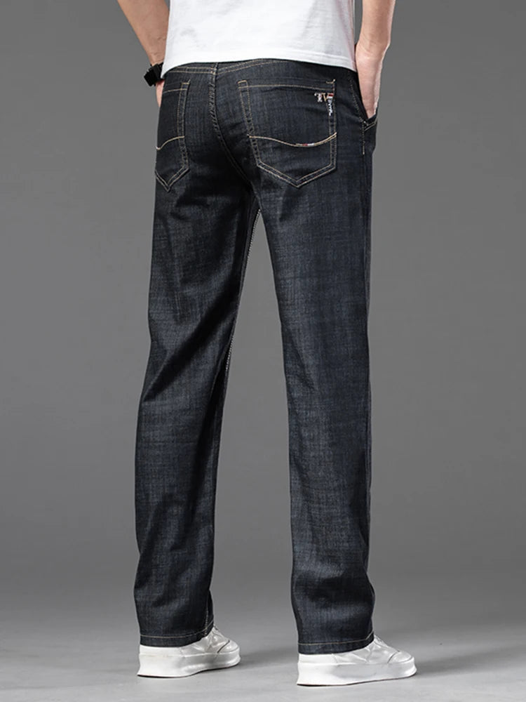 Sommer Dünne männer Gerade Jeans Klassische Schwarz Blau Stretch Casual Business Baggy Denim Hosen Männliche Marke Hosen.