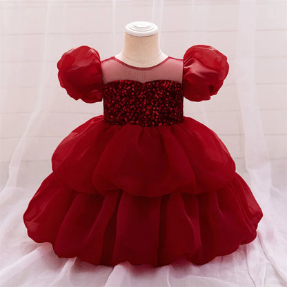 Kleinkind Rot Pailletten Mesh Kleid Mädchen Baby Einfarbig Neue Jahr Party Formale Kostüm Leistung Prinzessin Kleid Geburtstag Kleidung