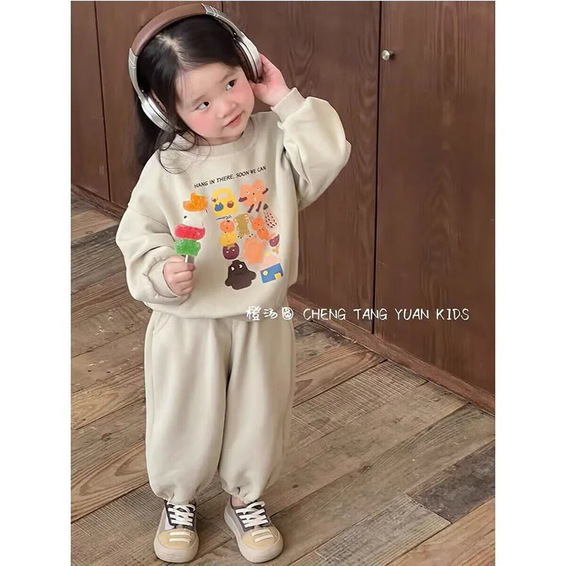 Baby Cute Sets Girls Sports Printing Sweater Sweatpants Suit Autumn New Children's Round Neck Casual Fashion Thin Two-Piece 2-8Y.