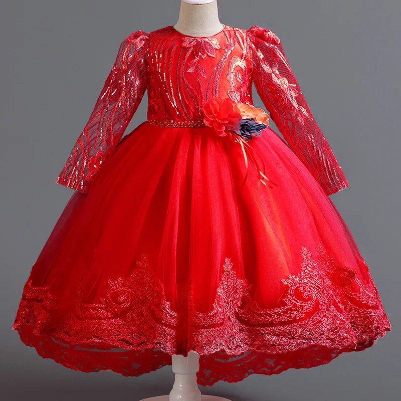 Blumen mädchen Hochzeits kleid lang ärmel ige Spitze Kleid elegante Mädchen Kunst Leistung Prinzessin Kleid Mädchen Karneval Kleidung.