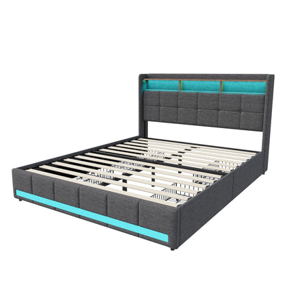 Lazyspace Bettgestell aus Leinen mit Stauraum, gepolstertes Bett mit 4 Schubladen, LED-Licht und USB-Aufladung vom Typ C, Schlafzimmermöbel
