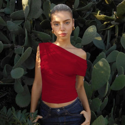 Talenza Sexy One Shoulder Tops Womens Summer Fashion Hot Girls Backless Pleated Slim T-Shirt Casual Office Lady Party Tops Women