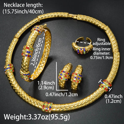 Luxury 18k Gold-Plated Women's Jewelry 4-Piece Round Necklace Bracelet Earrings Ring Gold Classic Dubai Wedding Gift.