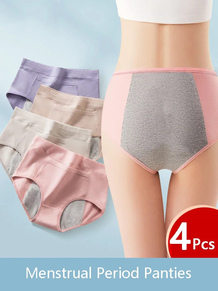 4 Pcs Women's Menstrual Period Panties High Waist Cotton Leak-Proof Underwear Absorbent Postpartum Post Surgery Period Underwear.