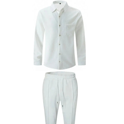 2025 Spring and autumn new men's daily casual waffle cardigan long-sleeved shirt two pants suit.