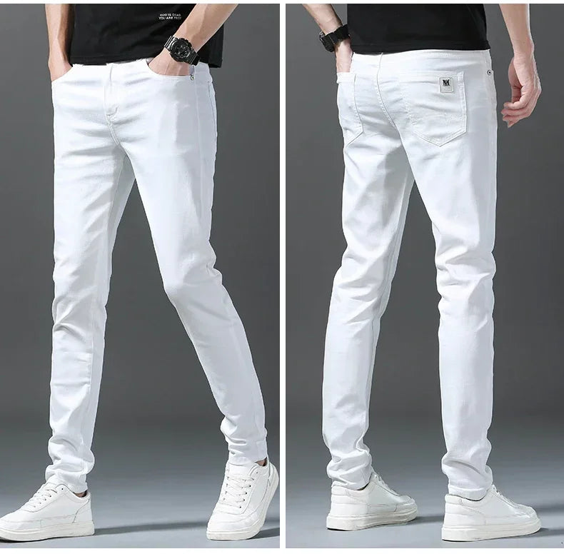 2025 Spring Summer New 98%Cotton Men's Slim Jeans Straight Casual Fashion Pencil Pants High Quality Trousers Male Clothes White.