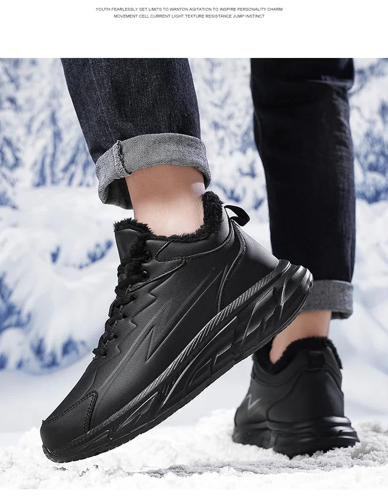 Black Leather Shoes for Men Height Increasing Winter Fashion Sneakers Plus Fur Warm Outdoor Cotton Casual Shoes Men Shoe Size 48